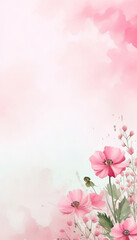 Naklejka premium Zarte rosa Blumen mit grünen Blättern, arrangiert auf einem sanften pastellrosa Hintergrund – romantisch, leicht und naturverbunden. Generative KI.