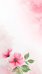 Zarte rosa Blumen mit grünen Blättern, arrangiert auf einem sanften pastellrosa Hintergrund – romantisch, leicht und naturverbunden. Generative KI.