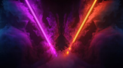Fototapeta premium Abstract neon light beams cutting through vibrant colored smoke in a dark atmosphere
