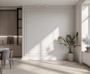 Aesthetic elegant minimalist modern interior design. Clear mock up empty wall for decoration in the apartment. Copy space in the room.