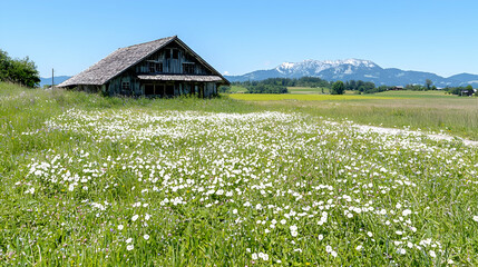 Alpine meadow wildflowers, old farmhouse, mountain view, summer