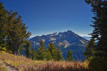Mount Timpanogos Peak landscape view from Box Elder Peak, Wasatch Range Rocky Mountains, Uinta-Wasatch-Cache National Forest, Utah, United States