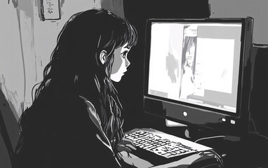 Black-and-White Anime-Style Illustration of a Young person Working on a Computer, Representing Technology, Study, and Digital Creativity