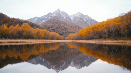 Obraz premium Autumnal lake reflecting snowy mountains (10)