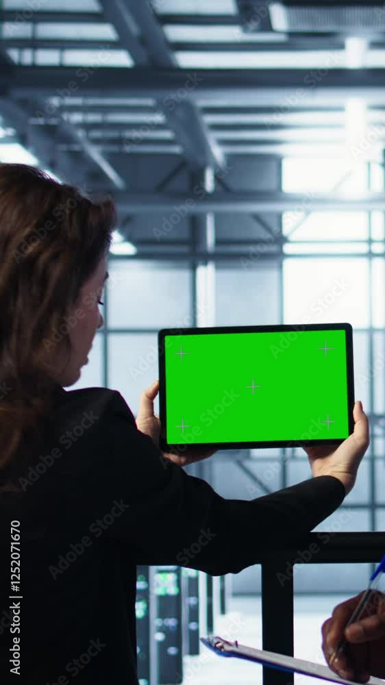 Poster vertical video system administrators in server farm using isolated screen mockup tablet to verify se