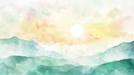 Sunrise over misty mountains, peaceful landscape, idyllic scenery, website background