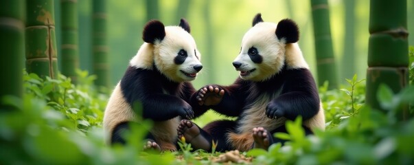 Obraz premium Adorable panda bears playing together in a bamboo forest, pandas, bamboo, cute