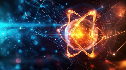 Fototapeta premium Glowing Orange Atom in a Blue and Gold Particle Field