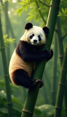 Obraz premium A large panda calmly perched high in a bamboo tree , tree, vegetation, adorable panda