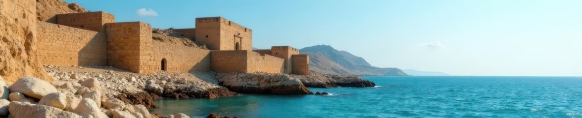 Naklejka premium Ancient ruins of Mahdia port, weathered stone structures , seascape, travel, landscape