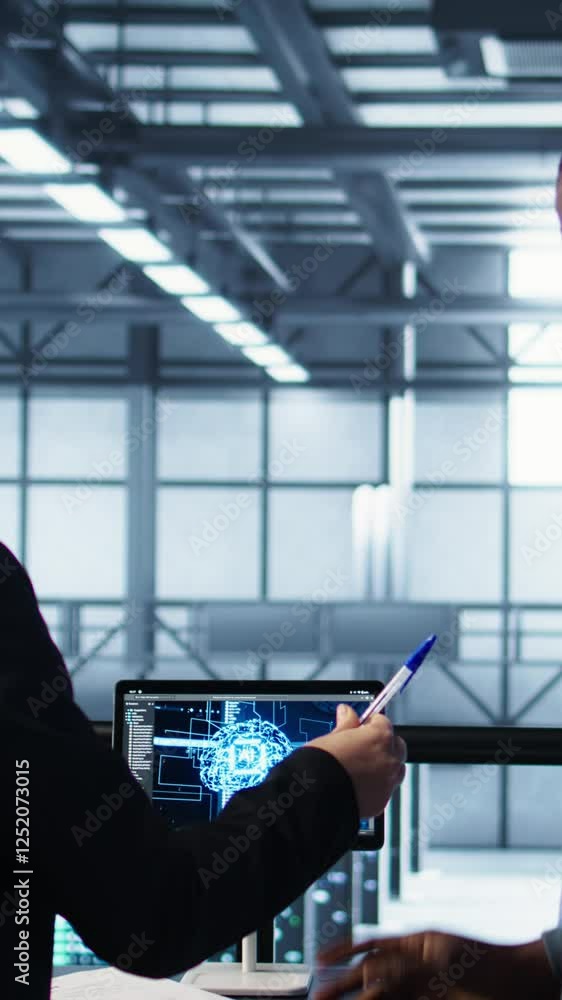 Poster vertical video manager meeting with client in data center using artificial intelligence tech, reachi