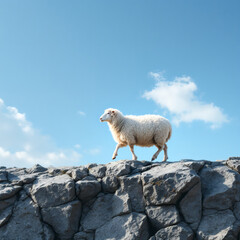 Fototapeta premium Side view of a white sheep walking against a bright blue sky, perfect for nature, farm, or pastoral themes. Ideal for ads, blogs, and creative projects.