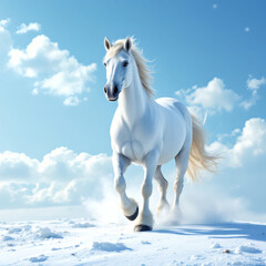 Front view of a stunning white horse walking on the North Pole with a clear blue sky and ample copyspace. Ideal for nature, adventure, and wildlife projects.