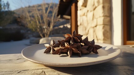 Beautiful Arrangement of Star Anise on a Rustic Plate Surrounded by Natural Background