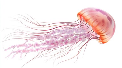 A jellyfish with flowing tentacles in soft pink and orange hues against a white background