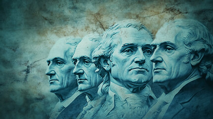 Portraits of U.S. Founding Fathers adorn a solemn marble wall, representing guardians of the constitution.