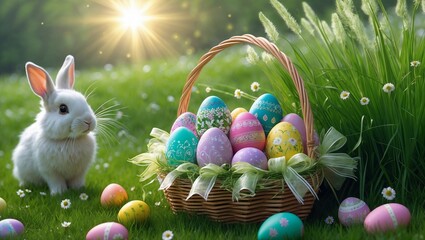 Hase neben einem Korb mit bunten Eiern