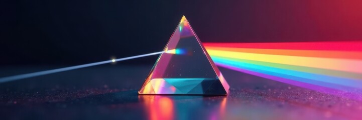 Close-up of prism dispersing light into rainbow spectrum, photon, refraction, diffraction