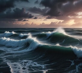 Obraz premium Dark mysterious ocean with waves crashing against the shore, salty, moody