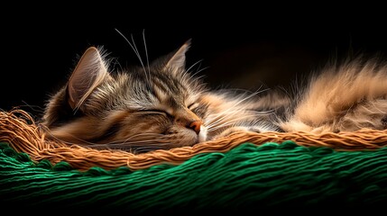 A serene, sleeping cat nestled on a colorful woven blanket, with a dark background enhancing tranquility