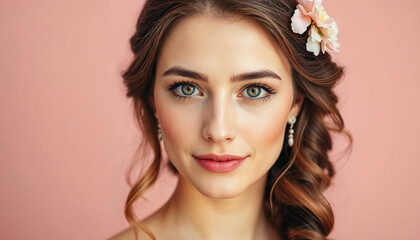 Fototapeta premium Elegant close-up portrait of a young woman with styled hair, soft makeup, and floral accessory, posing against a pink background. Captures beauty, femininity, and sophistication