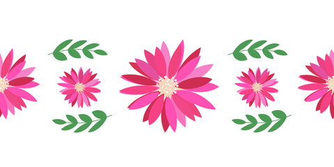 Pink cactus flowers on a white background. Seamless border. Vector illustration for wrapping paper, fabric, print.