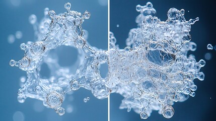 Abstract water splash, molecular structure, dark background, scientific visualization, use in educational materials