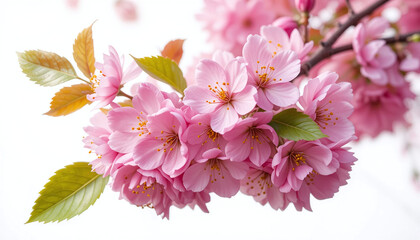 Bright pink cherry tree flowers on white isolated background close up 
