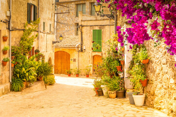 Fototapeta premium street in old town of Valdemossa with traditional flower pots, Majorca, Spain, Belearic islands