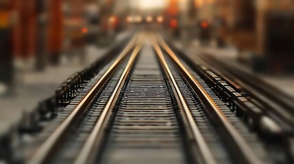 A serene view of railway tracks extending into the sunset, with blurred urban background lights