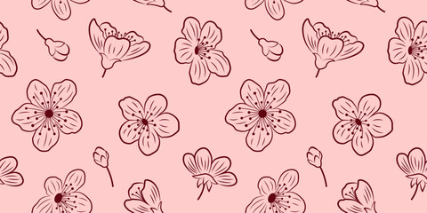 Seamless pattern with burgundy outlines of sakura flowers and buds on a pink background for textile, fabric, wrapping paper. Botanical pattern with cherry blossom.