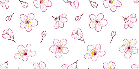 Seamless pattern with colored outlines of sakura flowers and buds on a white background for textile, fabric, wrapping paper. Botanical pattern with cherry blossom.