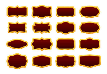 Gold frame with light bulbs shining brightly illuminating dark red background