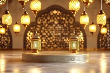 Illuminated Ramadan lanterns on a platform golden Islamic decoration festive background