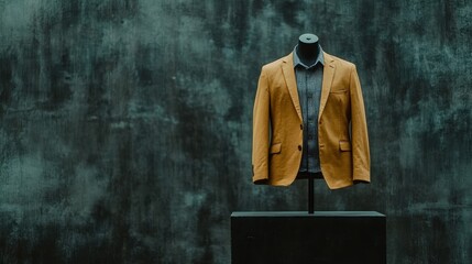 Elegant Fashion Display with Brown Blazer on Mannequin Against Dark Textured Background