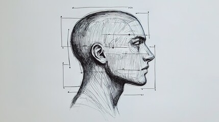 A detailed sketch of a human head in profile, showcasing facial proportions and features outlined with geometric shapes.