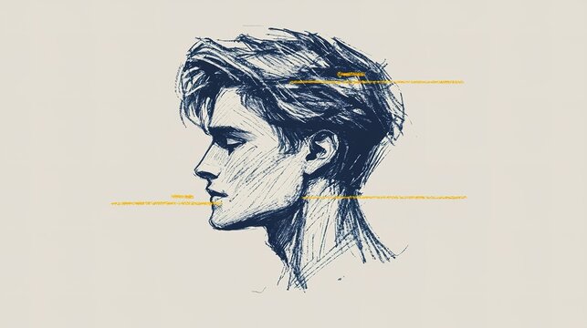 A stylized profile sketch of a young man with textured hair, emphasizing a modern artistic approach in line art.