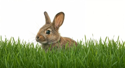 Fototapeta premium A curious rabbit looks through lush green grass vegetation, with ears pressed forward. A tranquil and joyful scene showcasing wildlife curiosity and serenity.