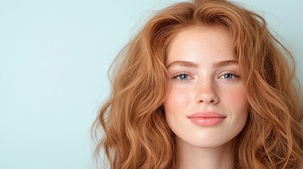 Naklejka premium Woman, red hair, blue eyes, pastel background, beauty portrait, for ads