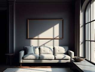 Large empty frame on the wall of a modern and stylish lounge with a comfortable sofa