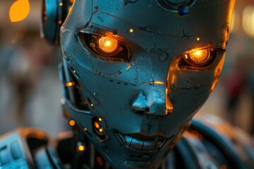 There is a robot with glowing eyes and a head of hair