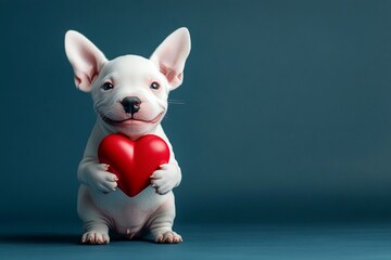 Ad campaign concept art artwork. Bull terrier - my desired dog. Cute bull terrier canine with critter toy red heart - emblem of love, funny greeting card. Valentine's day puppies and hearts.