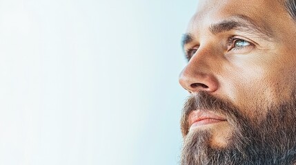 Obraz premium Man looking out window, thoughtful expression, bright background, potential for business or lifestyle use