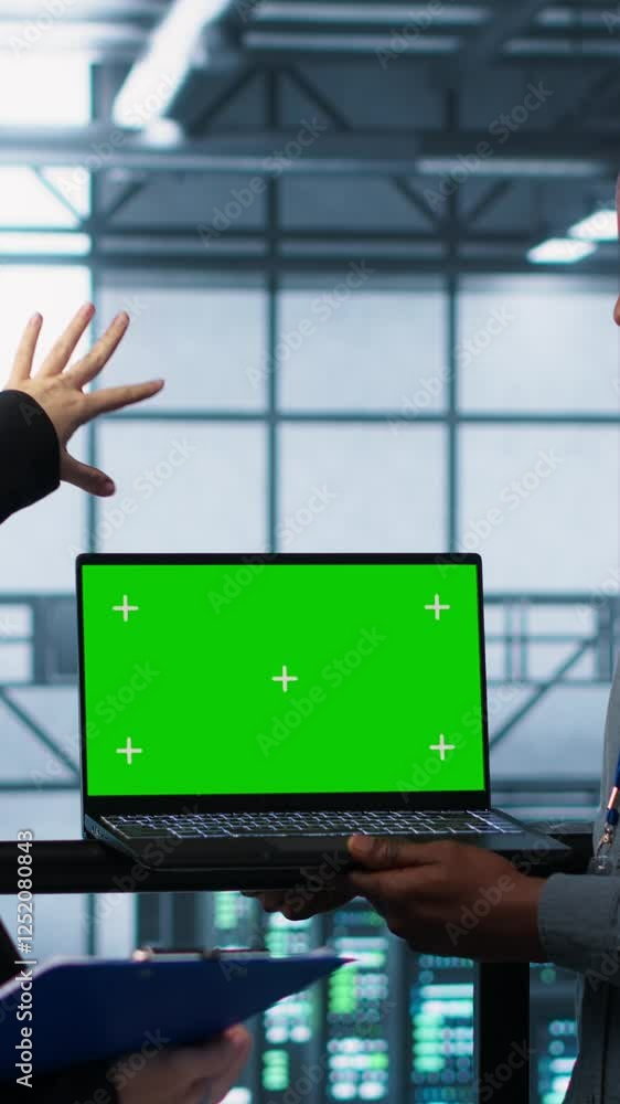 Poster vertical video engineering team in data center using green screen laptop, implementing predictive an