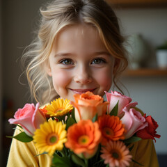 a little girl holding a bouquet of flowers