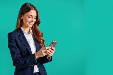 Fototapeta premium A Young Businesswoman in Professional Attire Engaging with Her Smartphone Against a Vibrant Turquoise Background