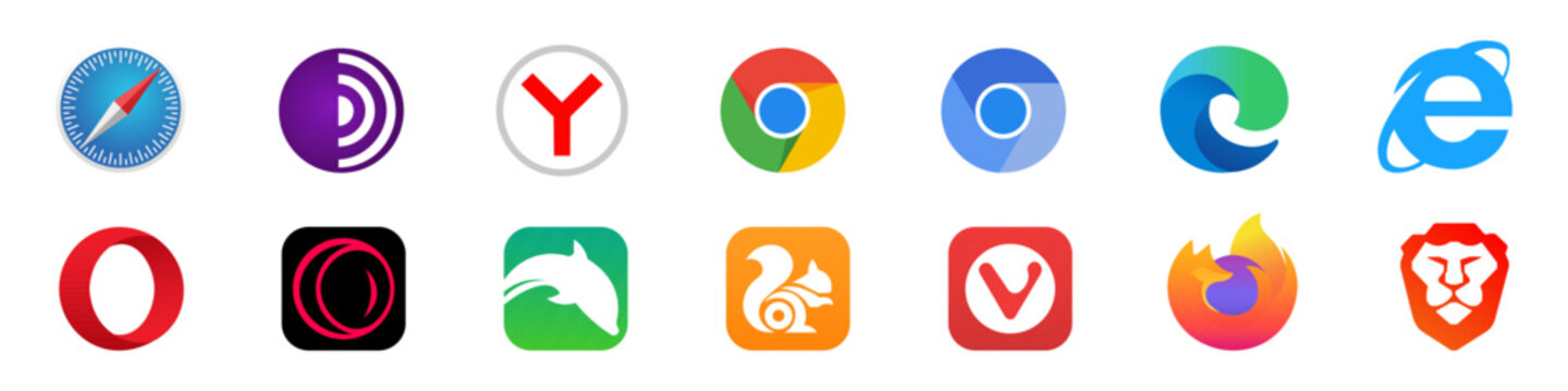 Set browser. Internet browser. Google Chrome, Mozilla Firefox, Microsoft Edge, Internet Explorer, Safari, Opera, Yandex, Brave, UC Browser. Vector illustration.