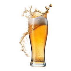 Tall Glass of Beer with Bubbles and Foam Splash Transparent Background