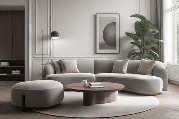 Fototapeta premium Modern living room featuring a sectional sofa with textured upholstery, a round coffee table with a wooden base, and two round ottomans. The room is decorated with a minimalist aesthetic, featuring