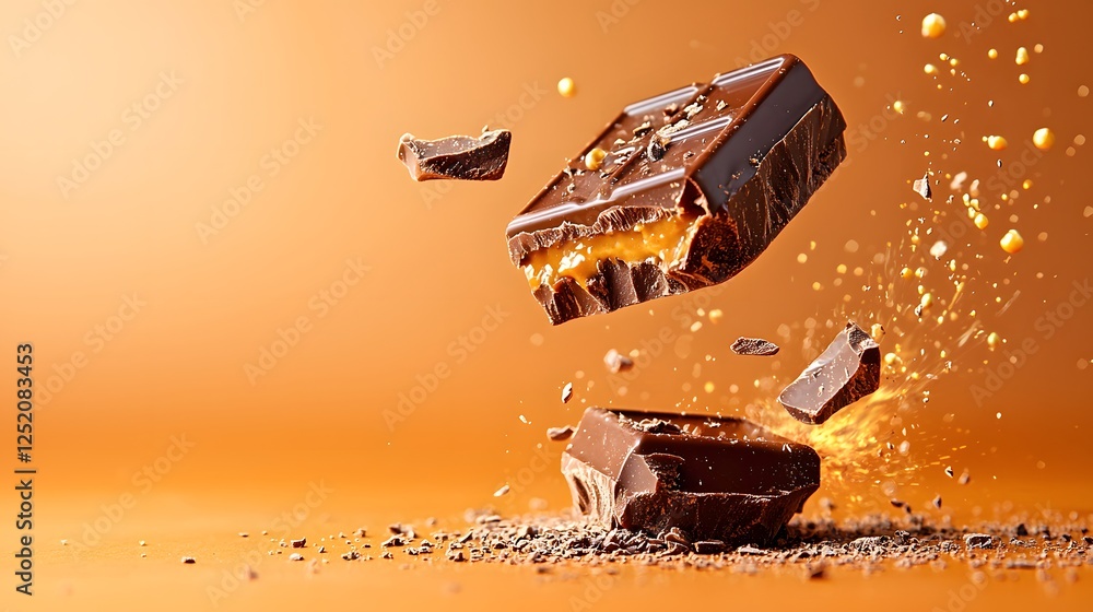 Poster chocolate bar exploding into pieces in the air creating a chocolatey mess and scattered fragments